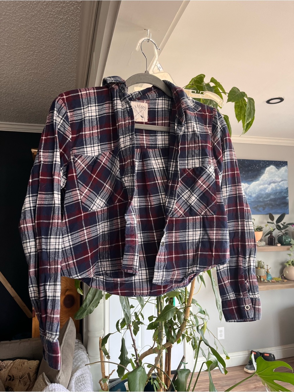 La Hearts Plaid Crop Flannel - Navy & Burgundy